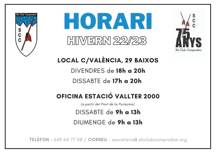 Horaris club SCC temporada 2022-2