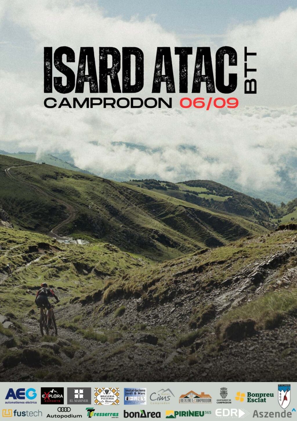 Cartell oficial de la cursa de BTT Isard Atac Bike 2026 a la Vall de Camprodon amb un ciclista de muntanya.
