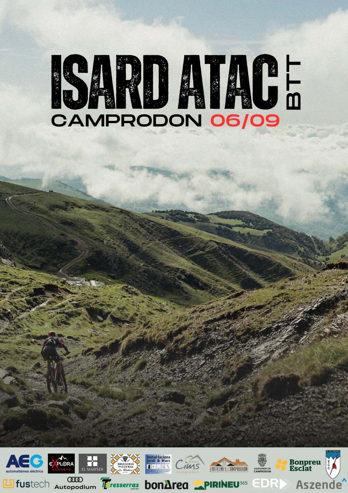 Cartell oficial de la cursa de BTT Isard Atac Bike 2026 a la Vall de Camprodon amb un ciclista de muntanya.